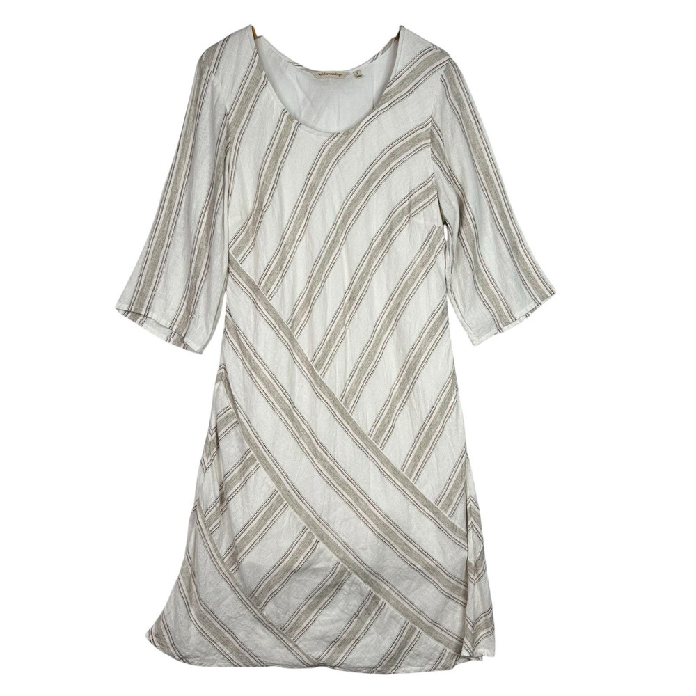 Soft Surroundings Linen Blend Midi Dress Womens L Striped Lined 3/4 Sleeve Beige